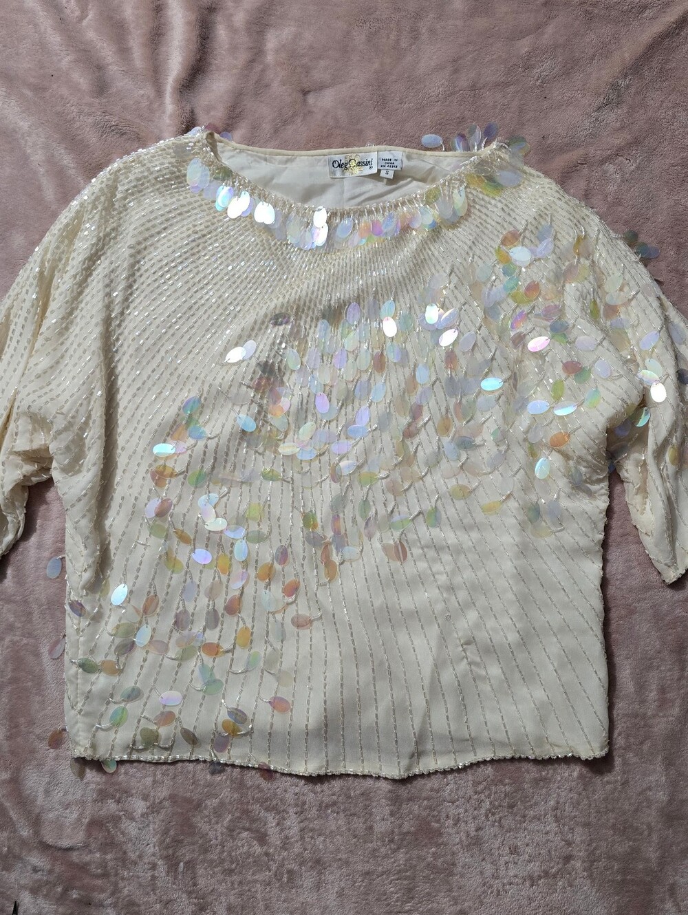 Oleg Cassini Beaded Sequin Top Blouse Vintage Medium 80's Glam 100% Silk